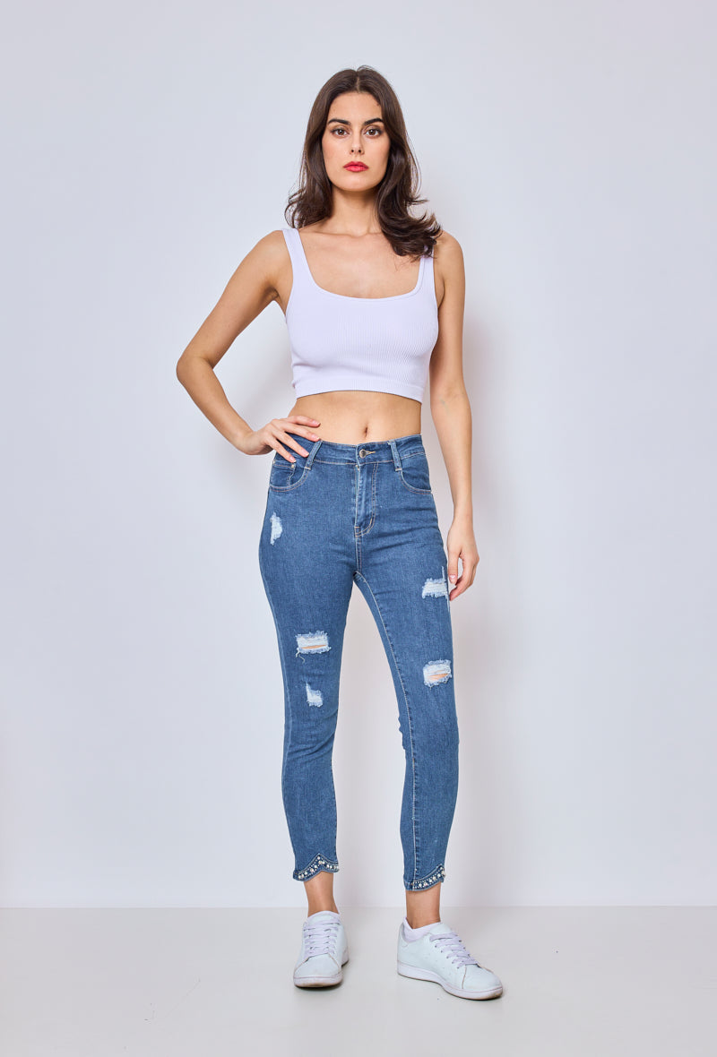 PANTALON JEANS DESTROY SKINNY AVEC FANTAISIE