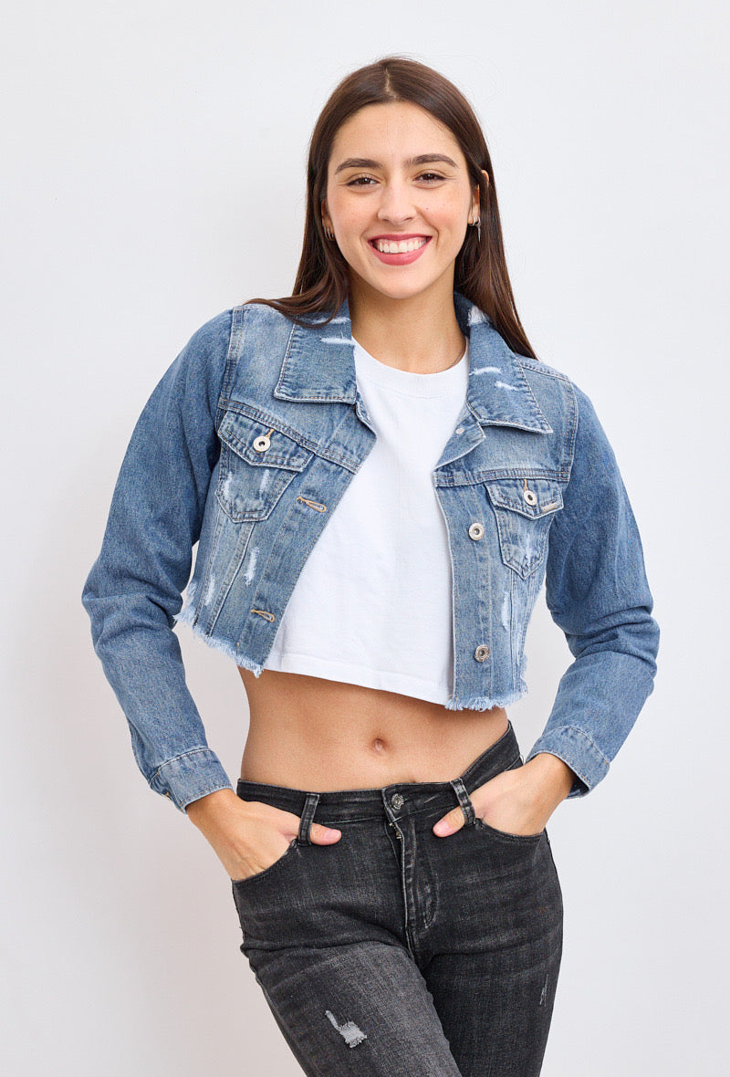 Cropped Denim Jacket with Rips: Boldly assert your unique style!