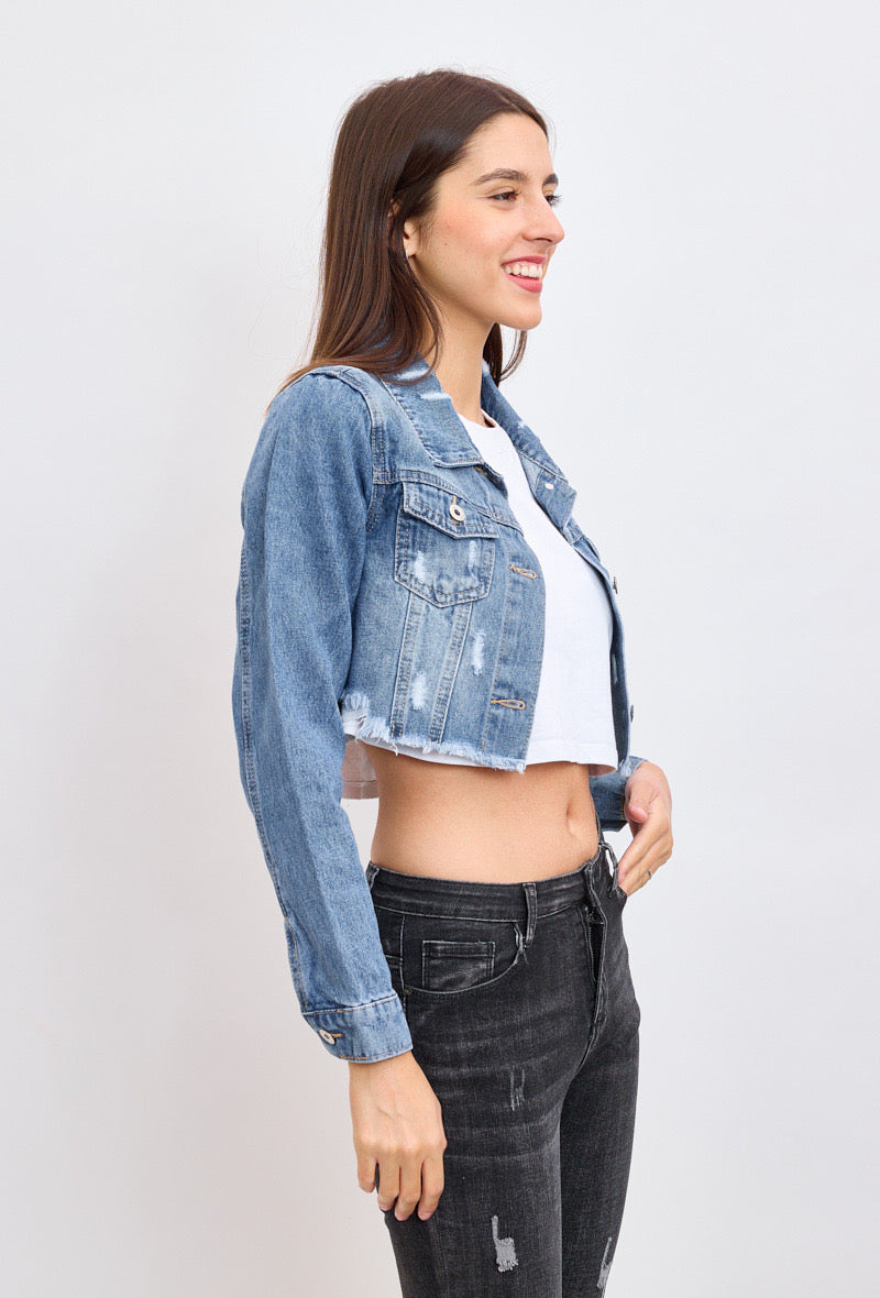 Cropped Denim Jacket with Rips: Boldly assert your unique style!